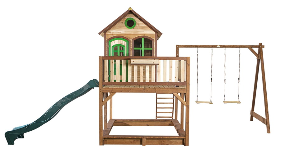Holz Spielturm mit Kletterturm 2x Schaukel 1x Rutsche Garten Doppelschaukel 