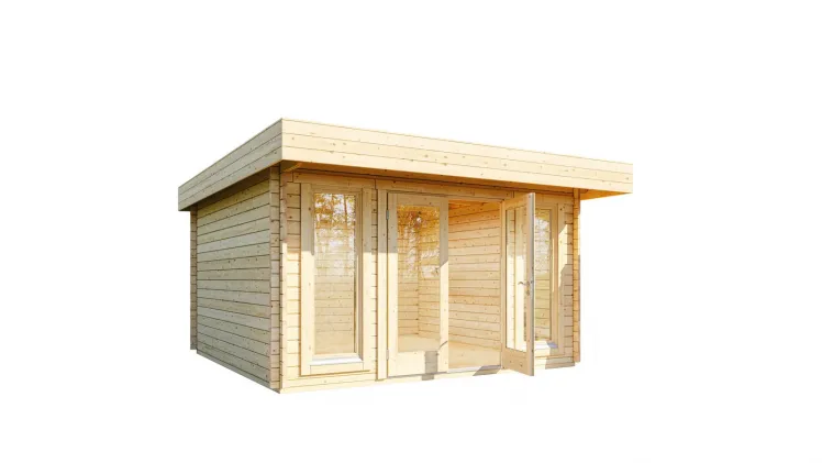 Pultdach Gartenhaus Malm 44-A XL Bausatz Blockbohlenhaus Bausatz Holz Glasfron 44mm +Fuboden Flachdach
