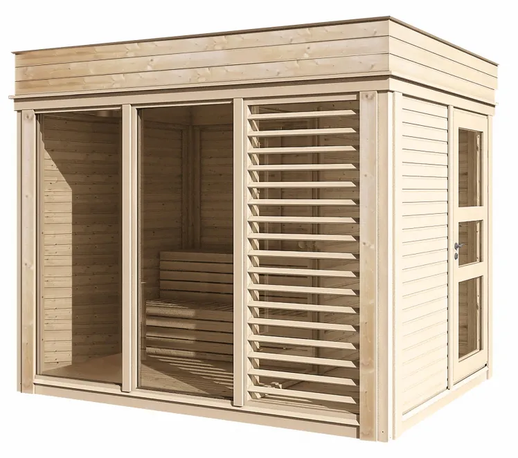 Sauna Paradiso 3x2 (1-Raum) Gartensauna Auensauna Holz Designsauna +Fuboden Flachdach