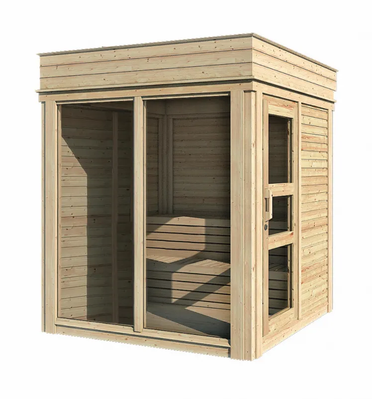 Sauna Paradiso 2x2 Gartensauna Auensauna Holz Designsauna +Fuboden Flachdach