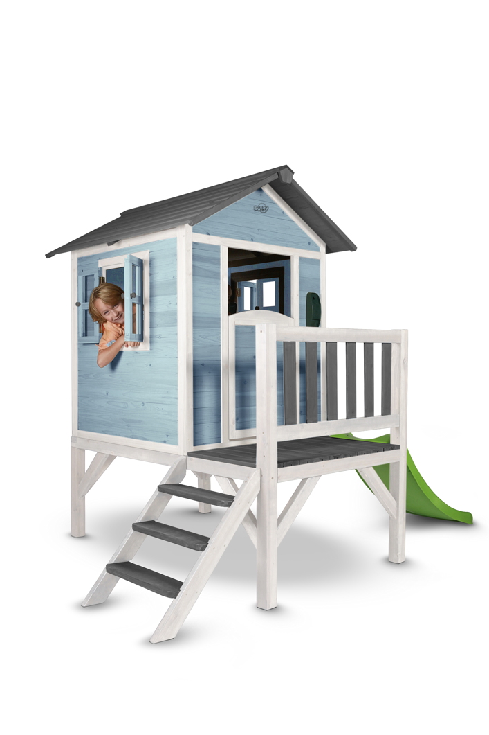 Kinder-Spielhaus BeachStyle «Lodge XL blau» Stelzenhaus Holz Rutsche, Terrasse